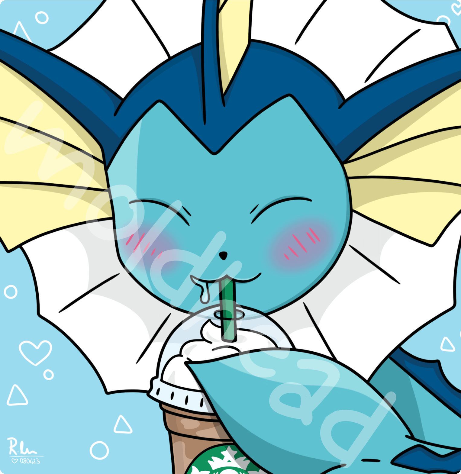 Vaporeon from Pok&eacute;mon illustrated drinking Starbucks, merging the character with a modern casual setting.
